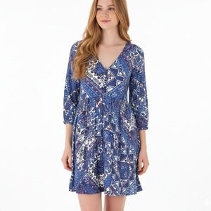 Calvin Klein Dress Womens 12 Bohemian V Neck 3/4 Sleeve Blue White Casual Style